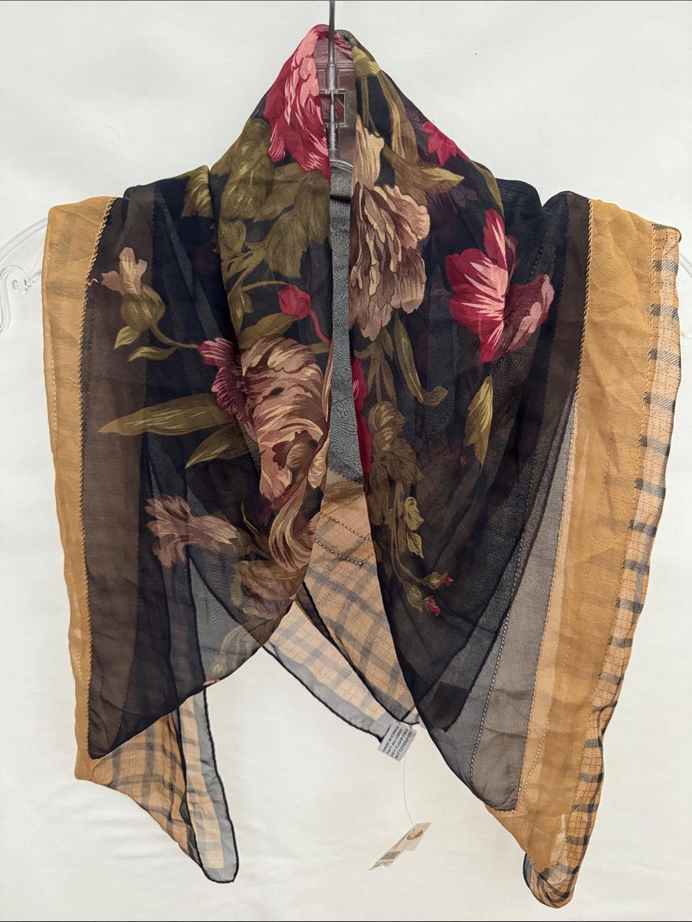 Talbots Black Floral Sheer Scarf with Mustard Border 100% Silk